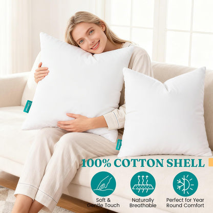18X18 Feather down Alternative Throw Pillow Inserts, 100% Cotton Cover, Medium Firm Decorative Pillow Inserts for Couch, Sofa, Bed, Chair (Set of 2)