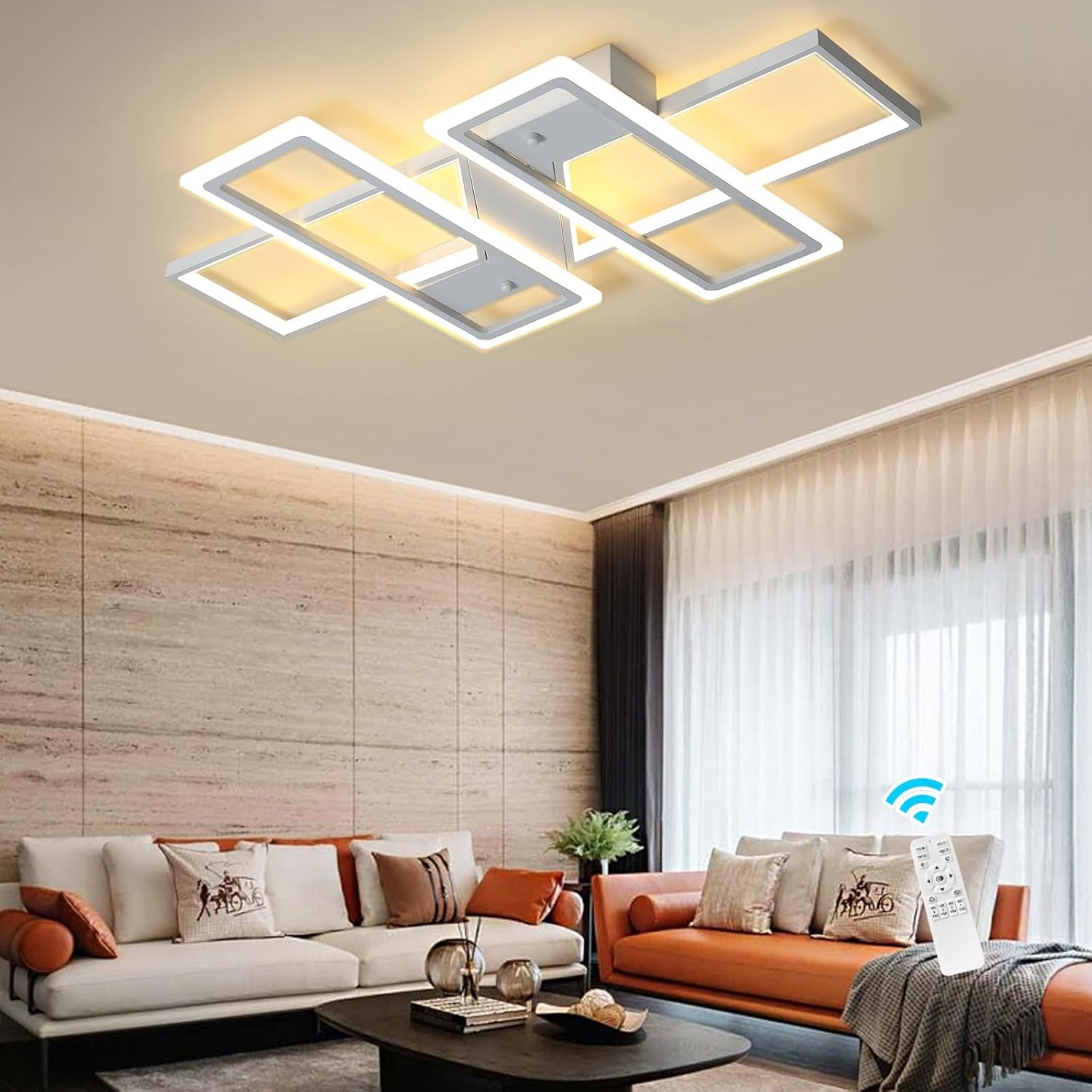 Dimmable Ceiling Light for Living Room,4 Squares Modern LED Ceiling Lamp with Remote Control,80W Acrylic Flush Mount Ceiling Light Fixture for Dining Room Bedroom Kitchen(White)